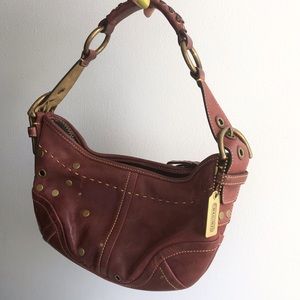 Leather Coach Mini Hobo Shoulder Bag Burgundy Brass Studs Rivets Buckle 2004 Y2K